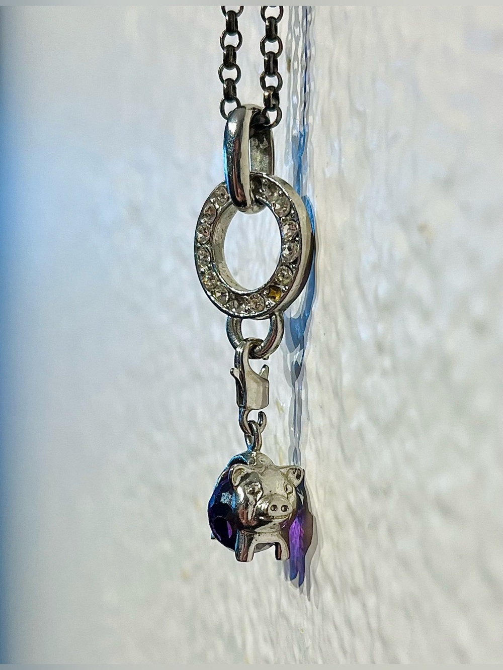 Vintage Y2K Silver Necklace with Purple Crystal Pig Pendant - Picture 3 of 6